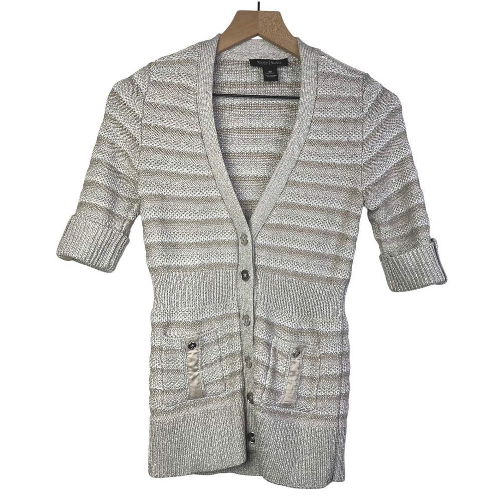 White House Black Market Metallic‎ Striped Knit Cardigan Sweater 3/4 Sleeve  XS